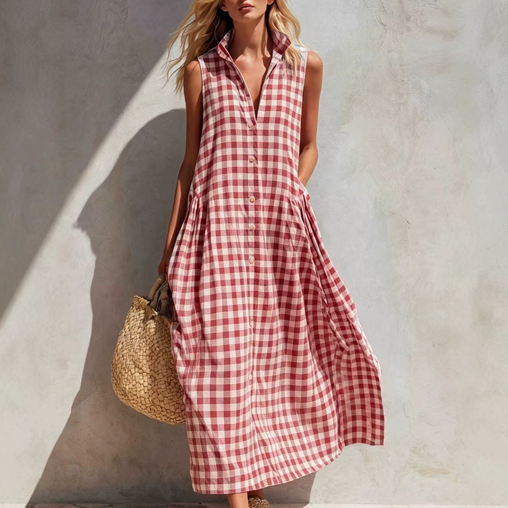 Women's Red Gingham Collared Sleeveless Relaxed Maxi Dress